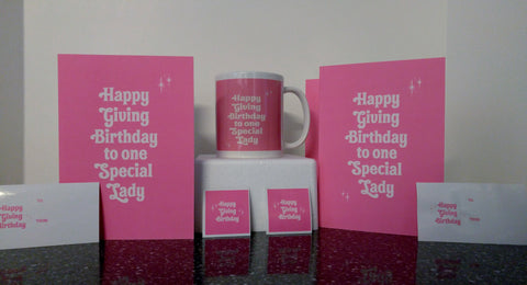Giving Birthday Pink Mug Card and Sticker Package